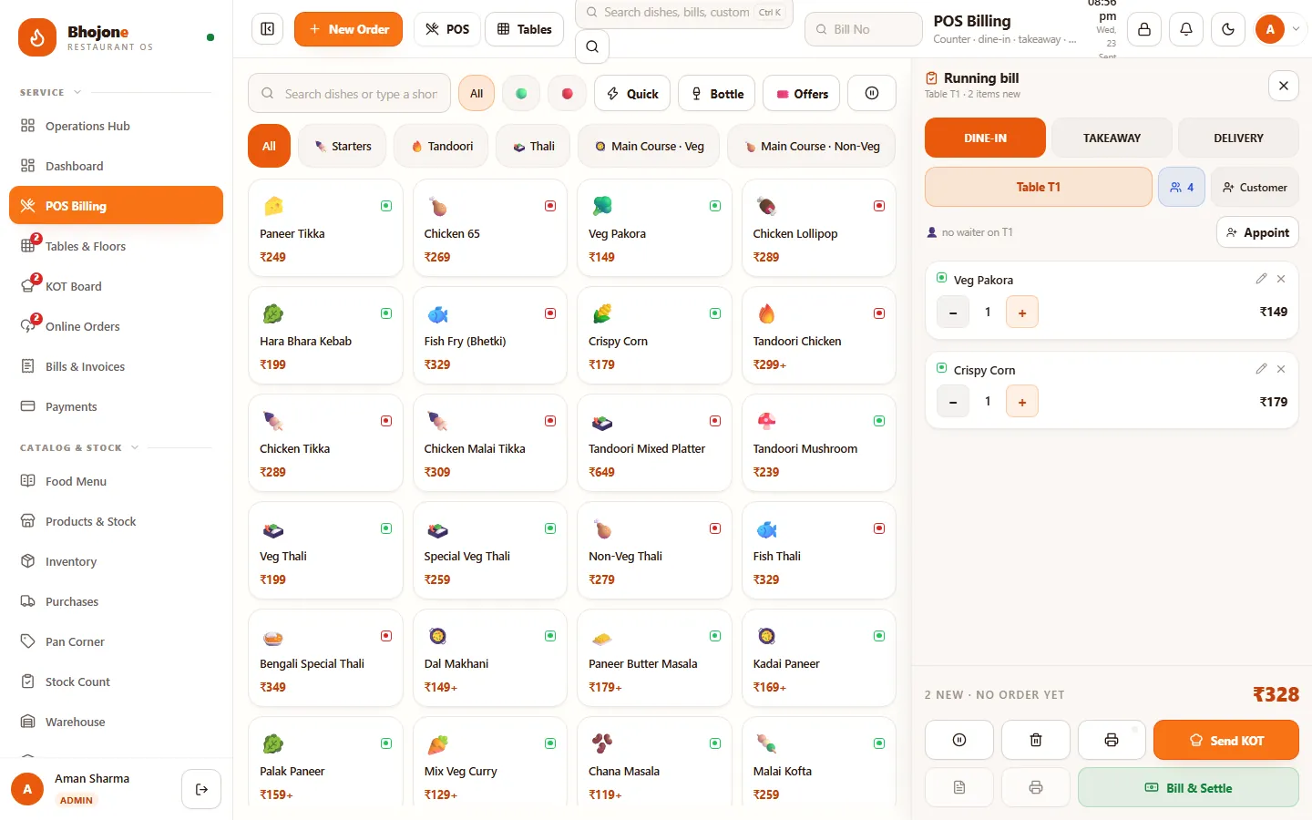 Bhojone POS billing: dish grid with veg and non-veg marks, and a running bill for table T1 with Send KOT and Bill & Settle