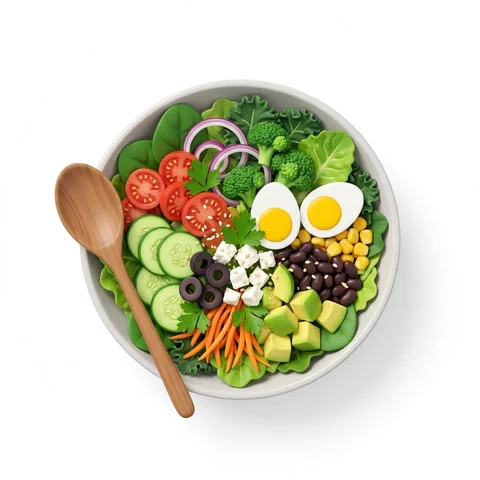 A fresh salad bowl with egg, avocado and vegetables