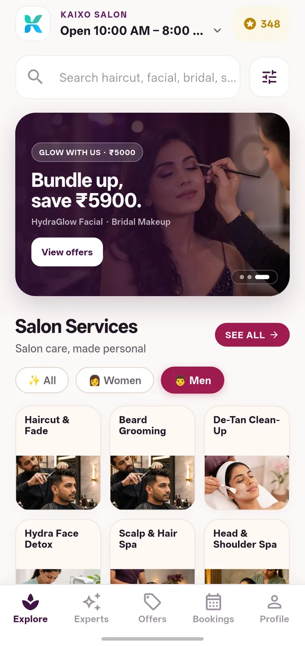 The same booking app with the Men filter on, showing a package offer and men's grooming services
