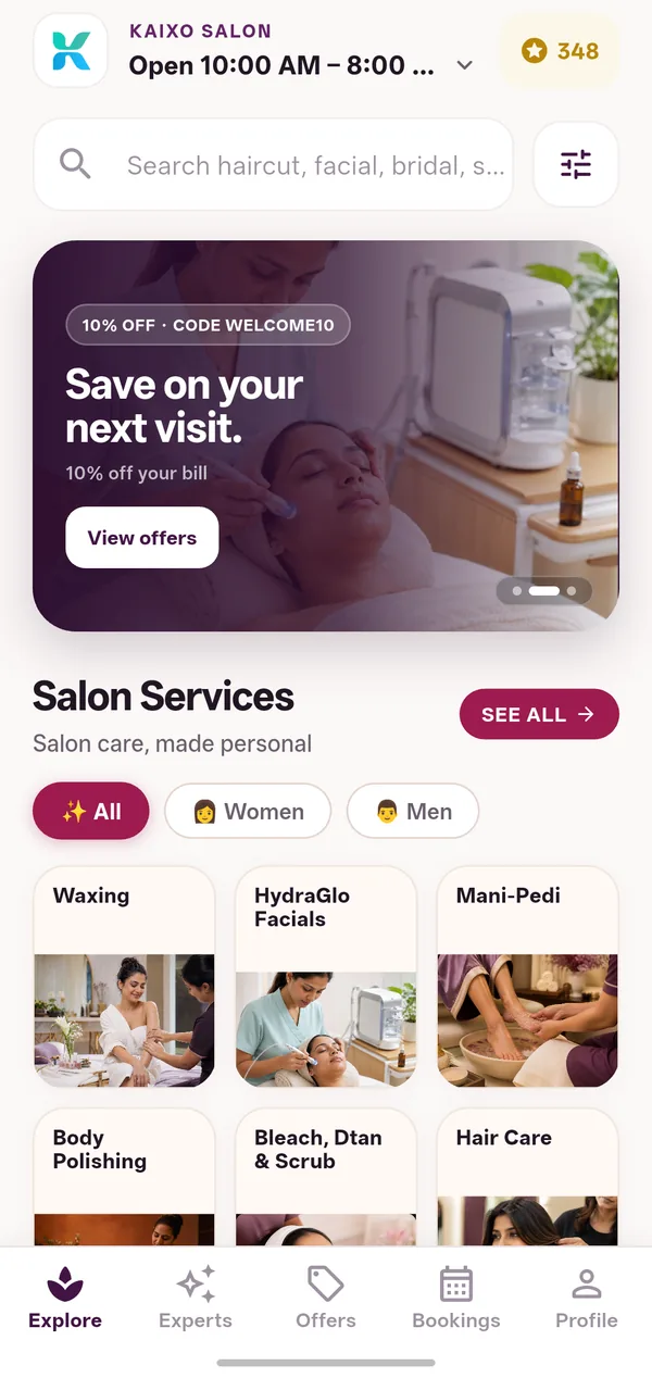 A salon's own booking app built on SalonFlow, with an offer banner, service search and categories for women and men