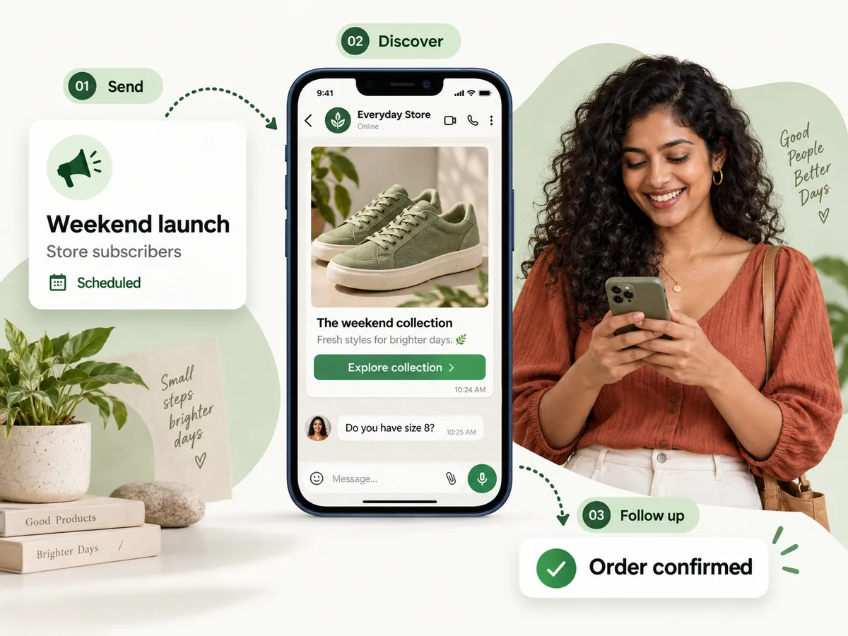 Illustration: a scheduled Weekend launch campaign reaches a customer on WhatsApp, she taps Explore collection and asks about a size, and the order is confirmed