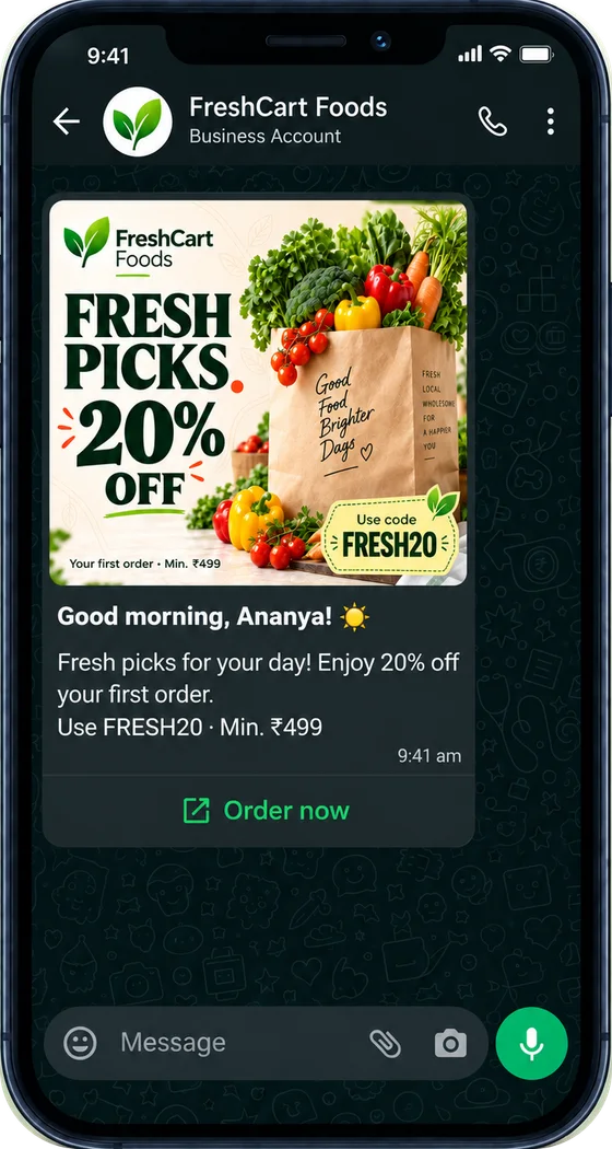 Example WhatsApp template message from a sample grocery brand, with an image header, a personal greeting and an Order now button